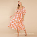 Casual Wear Puff Sleeve Plaid Smocked Midi Dress